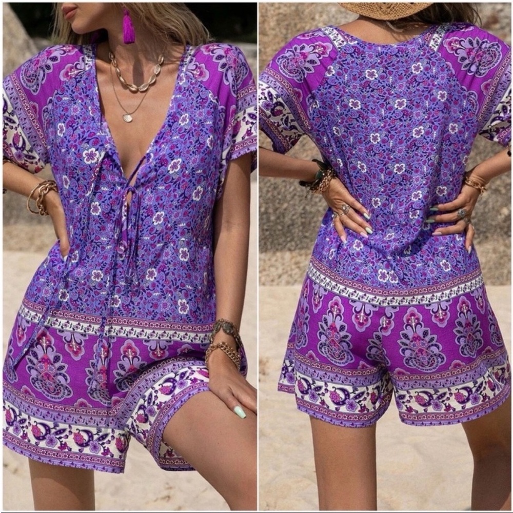 Boho Floral Romper Purple Pink Paisley Front Tie - Festival Summer